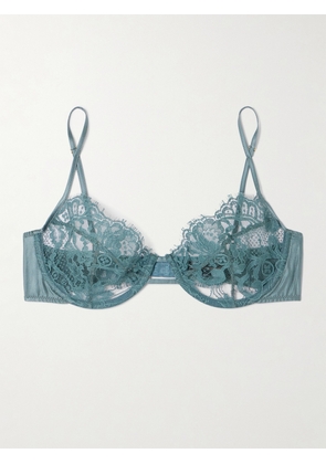 Kiki de Montparnasse - Camille Stretch-silk Satin-trimmed Organic Cotton-lace Underwired Balconette Bra - Blue - 32A,34A,36A,32B,34B,36B,32C,34C,36C,32D,34D,36D,32DD,34DD,36DD