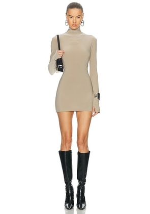 Norma Kamali Long Sleeve Slim Fit Turtleneck Pickleball Dress in Elm - Neutral. Size M (also in L, XL).