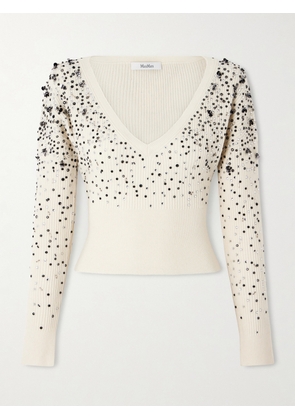 Max Mara - Cropped Embellished Ribbed Wool-blend Sweater - Ivory - x small,small,medium,large,x large