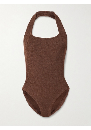 Hunza G - Sandy Seersucker Halterneck Swimsuit - Brown - One size