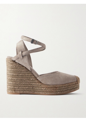 Brunello Cucinelli - Embellished Suede Platform Wedge Espadrille Sandals - Gray - IT35,IT36,IT36.5,IT37,IT37.5,IT38,IT38.5,IT39,IT39.5,IT40,IT40.5,IT41