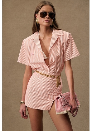 Rowen Rose for FWRD Oversized Short Sleeve Shirt in White & Orange Stripes - Tangerine. Size M (also in L, XS).