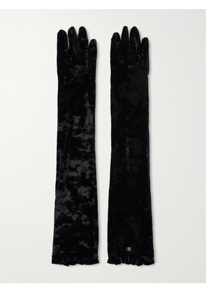 Valentino Garavani - Vlogo Ruffled Velvet Gloves - Black - 6,7,8,9