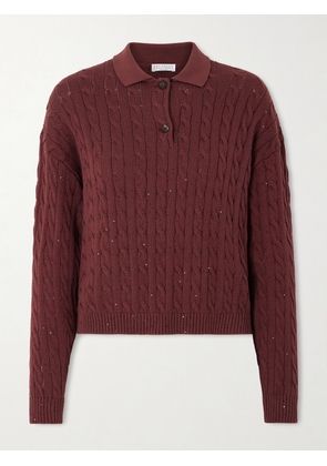 Brunello Cucinelli - Sequined Cable-knit Cotton-blend Sweater - Burgundy - xx small,x small,small,medium,large,x large
