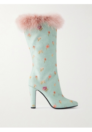 Valentino Garavani - Hotty 100 Feather-trimmed Printed Crepe Knee Boots - Blue - IT36,IT37,IT38,IT39,IT40,IT41