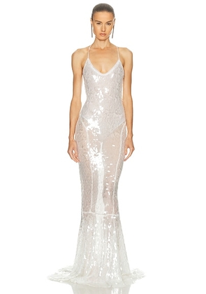 Norma Kamali Low Back Fara Slip Fishtail Gown in Clear & White - White. Size L (also in S, XS).