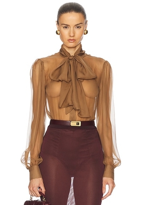 Saint Laurent Sheer Long Sleeve Blouse in Caramel - Brown. Size 42 (also in ).
