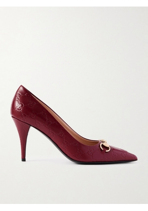 Gucci - Horsebit-embellished Debossed Leather Pumps - Burgundy - IT39,IT41,IT37,IT38,IT40,IT36,IT38.5