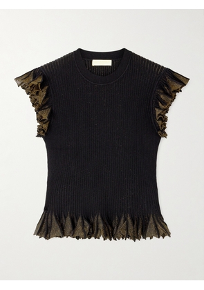 Ulla Johnson - Leila Ruffled Ribbed Metallic-knit Top - Black - x small,small,medium,large