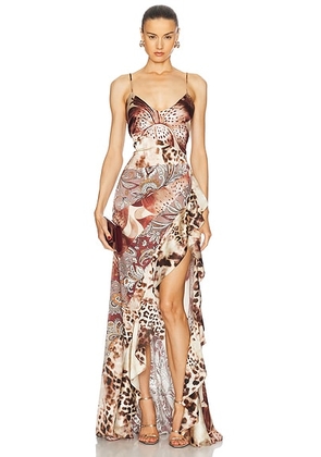 Retrofete Raelynn Silk Dress in Vintage Mixed Print - Brown. Size L (also in M, S).