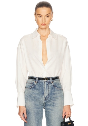 RENGGLI Boxy Long Sleeve Button Up Top in Bone - White. Size M (also in L, S, XL).