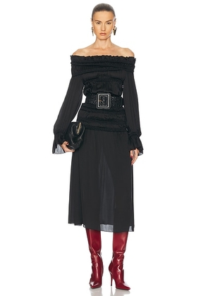 Saint Laurent Off The Shoulder Midi Dress in Noir - Black. Size 34 (also in 36, 38).