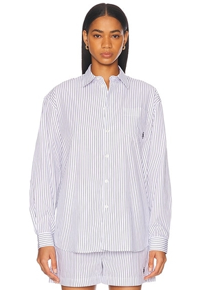 Sporty & Rich Oversized Button Down Top in Blue Striped - White,Navy. Size M (also in XL).