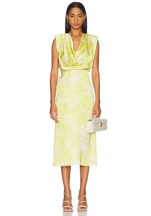 SEV Print Draped Midi Dress in Lima Print - Green,Yellow. Size M (also in L, S, XS).