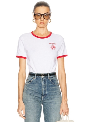 Sporty & Rich Beverly Hills Crest Soft Ringer Tee in White & Ruby - White. Size XL (also in XS).