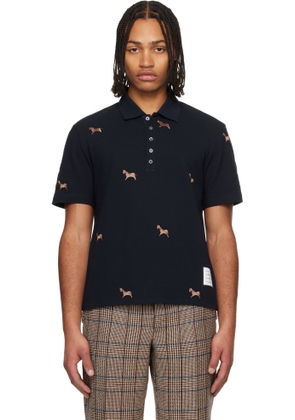 Thom Browne Navy Horse Half Drop Embroidery Short Sleeve Polo