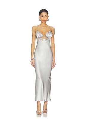 fleur du mal Foil Lily Embroidery Cutout Slip Dress in Metallic Silver. Size L. Also in M, S, XS.