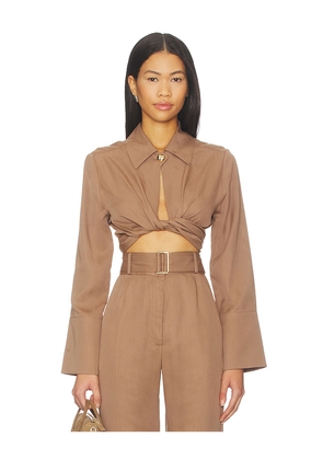 MATTHEW BRUCH Collared Long Sleeve Wrap Top in Brown. Size 0. Also in 2, 4.