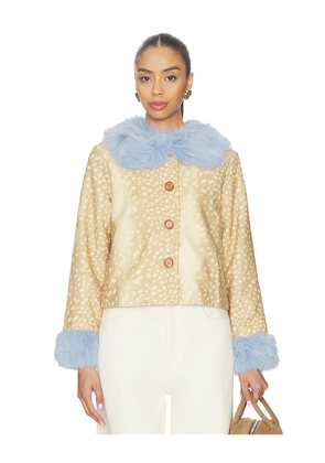 Never Fully Dressed Deer Print Jacket With Blue Fur Trims in Beige. Size M. Also in S, XXXL.