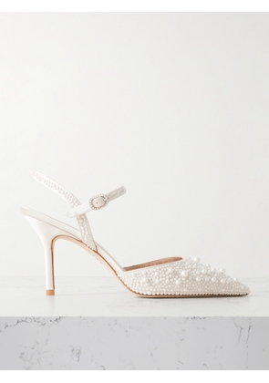 Stuart Weitzman - Bliss Faux Pearl-embellished Satin Slingback Pumps - White - US5.5,US6,US6.5,US7,US7.5,US8,US8.5,US9,US9.5,US10,US10.5,US11,US11.5,US12