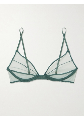 Kiki de Montparnasse - Perle Plunge Satin-trimmed Mesh Underwired Bra - Blue - 32A,34A,32B,34B,36B,32C,34C,36C,32D,34D,36D,32DD