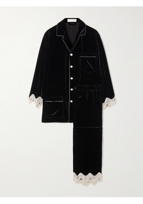 Olivia von Halle - Fifi Fringed Crystal-embellished Velvet Pajama Set - Black - x small,small,medium,large,x large