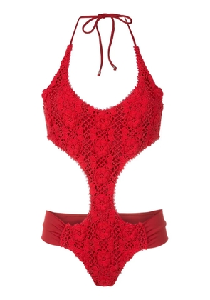 Amir Slama floral-lace detail halterneck swimsuit - Red