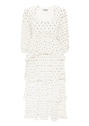 GANNI monogram-print pleated midi dress - Neutrals