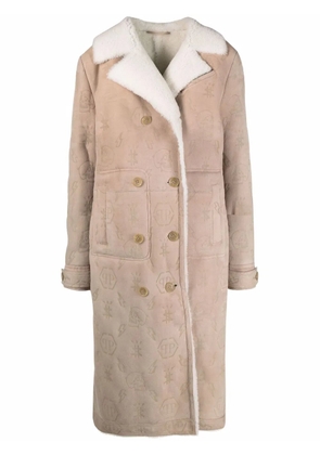 Philipp Plein monogram-embossed long shearling coat - Neutrals