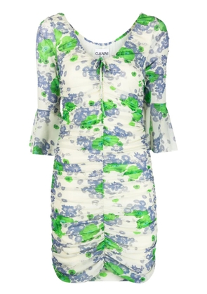 GANNI floral-print ruched minidress - Neutrals