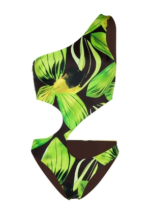 Louisa Ballou leaf-print one shoulder swimsuit - Black