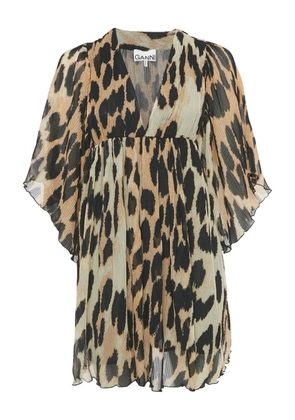 GANNI Plissé leopard-print mini dress - Brown