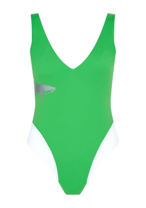 Let's Swim plunging V-neck shark-print swimsuit - Green