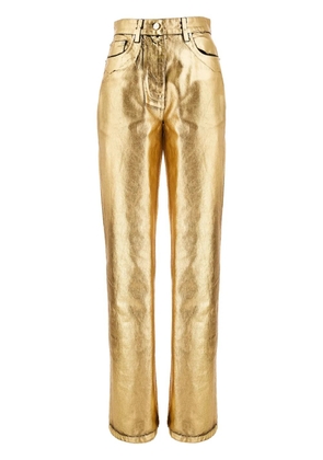 Ferragamo logo-patch metallic-finish high-waist trousers - Gold