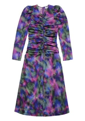 GANNI graphic-print gathered dress - Blue