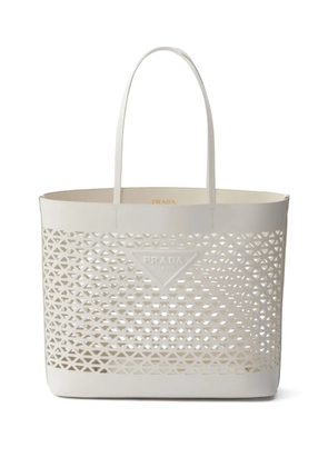 Prada logo-perforated leather tote bag - White