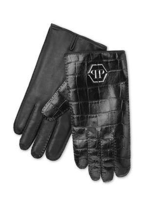 Philipp Plein crocodille-effect leather gloves - Black