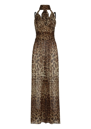 Dolce & Gabbana leopard-print halterneck silk gown - Brown