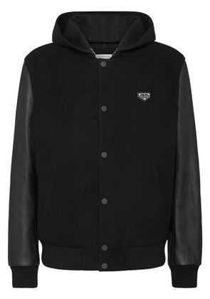 Philipp Plein leather sleeves hooded bomber jacket - Black