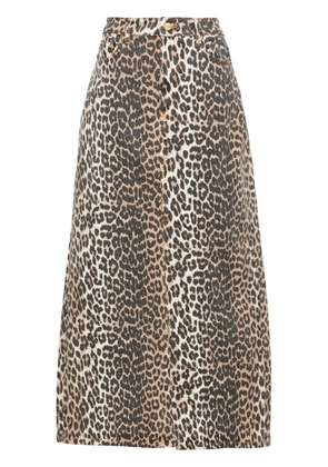 GANNI high-waisted leopard-print denim midi skirt - Neutrals