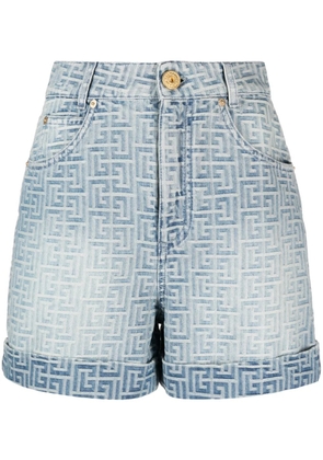Balmain monogram-print cotton denim shorts - Blue