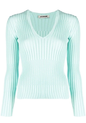 AERON ribbed V-neck long-sleeve top - Blue