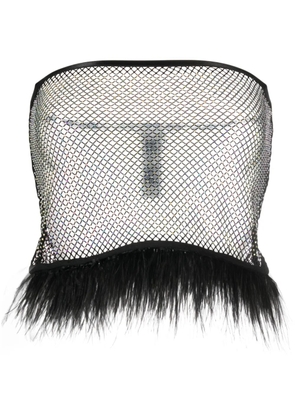 Patrizia Pepe feather-trim rhinestone mesh top - Black