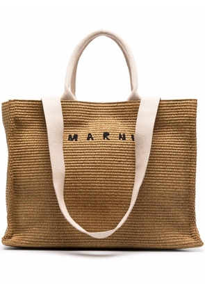Marni logo-embroidered raffia tote bag - Brown