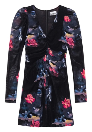 GANNI graphic-print gathered minidress - Black