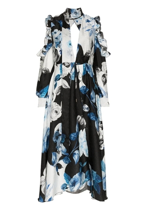 Off-White floral flared silk midi dress - Blue