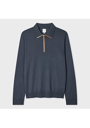 Paul Smith Grey 'Signature Stripe' Zip Trim Merino Wool Polo Shirt