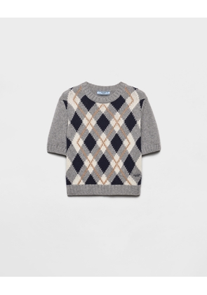 Short-sleeved argyle knit cashmere sweater