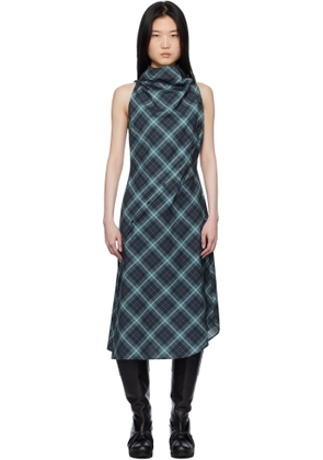 Pushbutton Blue Halter Sleeveless Midi Dress