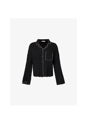 Womens Lounge Underwear Crinkle-Effect Ruffle-Hem Woven Pyjama Top